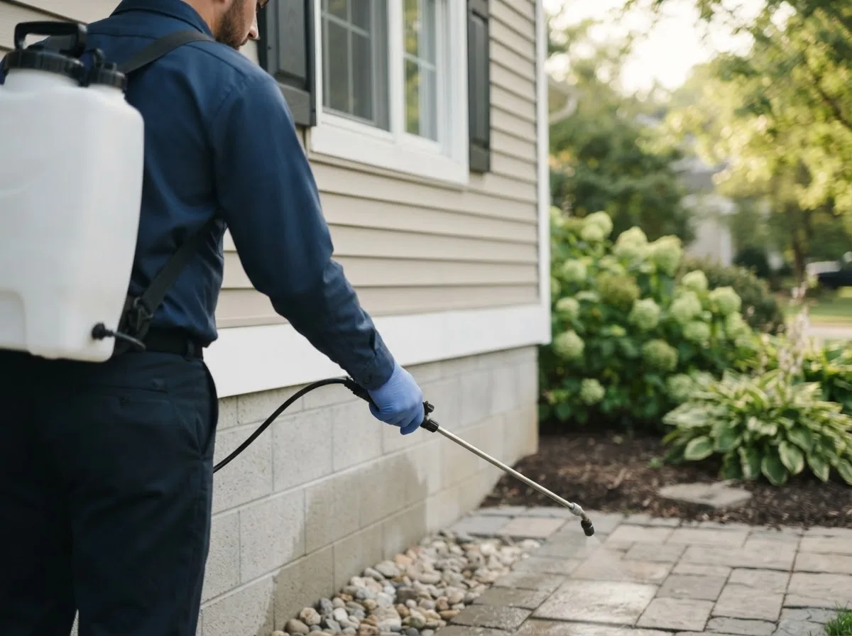 Pest control technician inspecting a home in Ransomville, NY